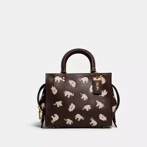 Coach Brown Leather Rogue Tote with Cream Elephant Print